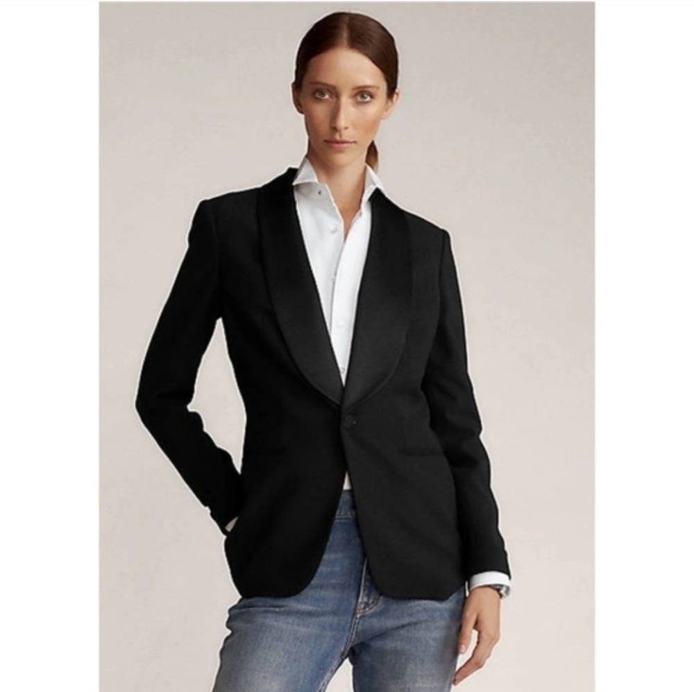 Lauren Ralph Lauren Womens Black Wool Satin Trim Preppy Tuxedo Blazer Jacket  6 - Picture 2 of 11